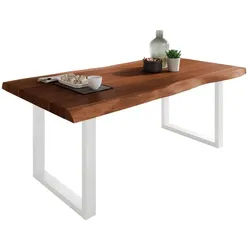 SAM® Esstisch Waves, Akazie o. Mango, gedoppelte Tischplatte, Metallgestell U-Form, bis 3m braun 120 cm x 77 cm x 80 cm