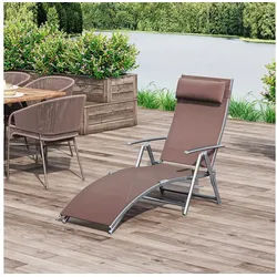 Outsunny Gartenliege Garten Metall Stoff 137 x 63,5 x 100,5 cm, Liegestuhl mit 7-Fach verstellbare Rückenlehne, 1 St., Strandliege mit Kopfkissen, Klappbar, mit Kopfkissen, 7-fach verstellbare Rückenlehne braun