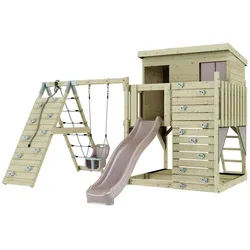 OutdoorToys Spielturm Emil, aus Holz in Altrosa mit Babyschaukel & Rutsche, Kletterwand rosa