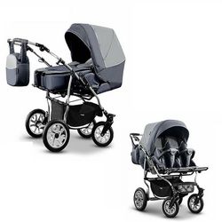 BabyMerc Zwillings-Kombikinderwagen City Twin 2 in 1 inkl. Sportsitze und Zubehör in 19 Farben grau