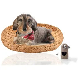 Rohrschneider Hundekorb runder Hundekorb aus geflochtener Wasserhyazinthe, Hundebett, herausnehmbares Kissen, gemütliches Sofa für kleine und große Hunde beige 56 cm x 56 cm