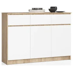 Raumhirsch Furniture Kommode mit 3 Schubladen, drei Schranktüren, 138 cm breit Holz Schrank, Highboard / Kommode 138 cm, Sideboard Organizer für jeden Raum weiß