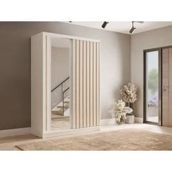 Raumhirsch Furniture Kleiderschrank Garderobenschrank, Schwebetürenschrank, Schrank mit Spiegel (Maße: 155 x 62 x 215 cm, Front mit 8 Lamellen) Loft Stil, Kleiderstange, Einlegeböden, viel Stauraum weiß 155 cm x 215 cm x 62 cm