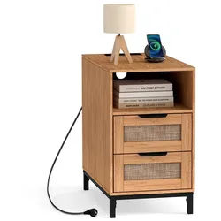 KOMFOTTEU Nachttisch, mit integrierter Ladestation, 2 Schubladen & offenes Regal beige