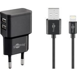 Goobay Apple Lightning Dual Ladeset 2,4 A - Netzteil mit 2x USB-Buchse und Apple Lightning-Kabel 1m (Schwarz)