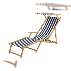Erst-Holz Relaxliege blau-weiß Gartenliege Strandliege Fußteil Kissen Sonnendach Tisch hell 10-317NFSTKH