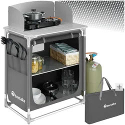 tectake® Campingküche Premium mit Aluminiumgestell und 2 Fächern, faltbar, mit 2 großen Fächern und Windschutz, 76 x 53,5 x 107 cm