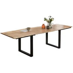 SAM® Baumkantentisch Dian, Baumkante, massives Akazienholz, 2 Ansteckplatten und Metallgestell beige 220 cm x 76 cm x 100 cm