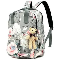 TAN.TOMI Schulrucksack Schulrucksäcke Teenager Mädchen, Tagesrucksack mit Laptopfach (Mitgeliefert wird ein kleiner Teddybär-Anhänger), Schultasche Mädchen, Casual Rucksack Teenager Mädchen bunt|grau