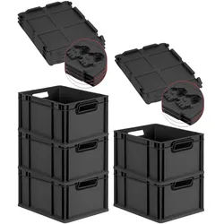 PROREGAL SuperSparSet 5x Eurobox NextGen Color mit Scharnierdeckel & Verschlüssen, HxBxT 22x30x40cm, 20L, Schwarz, Griffe schwarz offen, Eurobehälter