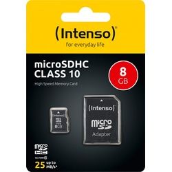 Intenso microSDHC Card 8GB, Class 10 (R) 25MB/s, (W) 10MB/s, SD-Adapter, Retail-Blister