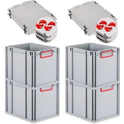 PROREGAL 4x Eurobox NextGen Color mit Auflagedeckel & Schiebeschnappverschlüsse | HxBxT 32x30x40cm | 30L | Griffe rot zu