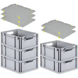 PROREGAL SparSet 5x Eurobox NextGen Grip mit Auflagedeckel & 4 gelben Verschlüssen, HxBxT 17x30x40cm, 16L, Grau, Griffe offen, Eurobehälter