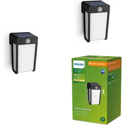 Philips LED Solarleuchte 2er Pack Outdoor Solar Shroud, Abschaltautomatik, Bewegungsmelder, Tageslichtsensor, LED fest integriert, Warmweiß, Tageslicht- und Bewegungsmelder, 2700 Kelvin schwarz