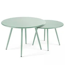 Oviala Business Satz von 2 runden Couchtischen aus salbeigrünem Stahl 50 cm