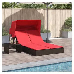 vidaXL Gartenliege, Doppelte Sonnenliege mit Baldachin und Kissen, braun, Polyrattan