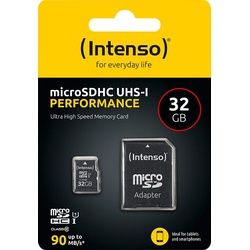 Intenso microSDHC Card 32GB, Performance, Class 10, U1 (R) 90MB/s, (W) 10MB/s, SD-Adapter, Retail-Blister