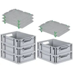 PROREGAL SparSet 5x Eurobox NextGen Grip mit Auflagedeckel & 4 grünen Verschlüssen, HxBxT 12x30x40cm, 11L, Grau, Griffe offen, Eurobehälter