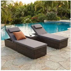 oyajia Gartenliege gepolsterte Rattan Sonnenliege 2er-Set, 2-Personen Polyrattan Sonnenliege, 1 St., für Außen in Braun, wetterfest, UV-beständig, verstellbar, Glastisch