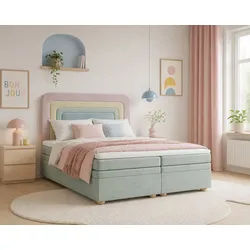 MOEBLO Boxbett NEST (Regenbogenbett, regenbogenförmige abgerundete Kopfstütze, mit Bettkasten, Samt, Velour, Bonell + Topper, Doppelbett buntes Bett), (BxHxT): 143 / 163 / 183 x 125 x 214 cm beige 143 cm x 214 cm