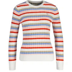 Sweater GANT "Strickpullover STRETCH COTTON CABLE STRIPE C-NECK", Damen, Gr. XL, bunt (weiß, rosa, blau), Obermaterial: 88% Baumwolle CO. 10% Polyamid PA. 2% Elasthan EL., Sweatshirts Sweater