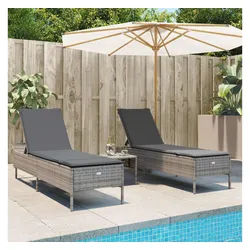 vidaXL Gartenliege, 3-tlg. Sonnenliegen-Set mit Auflage Grau Poly Rattan