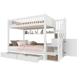 Okwish Etagenbett 90/200 cm Weiß mit Schublade und Kleiderschrank , Holz , 90x200 cm , Babymöbel & Kindermöbel, Kinderzimmer & Jugendzimmer, Stockbetten
