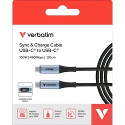 Verbatim Ladekabel, USB-C/USB-C, 1.2m, schwarz Sync&Charge, 100W, 480MBit/s, LED Anzeige, Retail