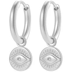 Hey Happiness Paar Ohrhänger Evil Eye Creolen Damen aus Edelstahl, Nazar Schutzsymbol, Kleine Creolen mit Anhänger, Böses Auge Schmuck silberfarben