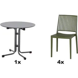 SIENA GARDEN Urban Lights Set 5teilig Lane Stuhl gastrotauglich olive mit Tisch Sola Ø80