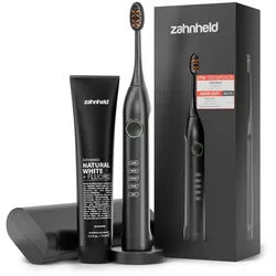 Zahnheld Elektrische Zahnbürste Schallzahnbürste Gero im Set mit Zahnpasta Natural White und Reiseetui, 5 Putzmodi, Zahnpflege Set, schwarz, Mundpflege, Reisezahnbürste, Zahnbürste mit Schall, USB Ladestation schwarz