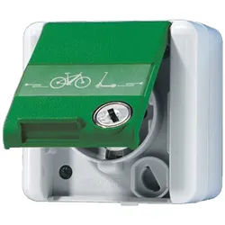 Jung 820GNNAWSLEB Schutzkontakt-Steckdose, 16 A 250 V ~ mit E-Bike-Ladesymbol, mit Schriftfeld, Klappdeckel, mit Sicherheitsschloss, IP 44, WG 800