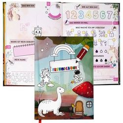TOBJA Poesiealbum Freundebuch Kinder Kindergarten Dino Einhorn, Individuell gestaltbares Cover, Erinnerungsbuch für Mädchen und Jungen grün