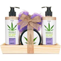 BRUBAKER Pflege-Geschenkset Beauty Geschenkset Lavendel & Holunderblüten Duft, 5-tlg., Damen Hanf Badeset mit Deko-Tablett aus Holz, Pflegeset für Frauen lila
