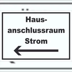 HB-Druck Hausanschlussraum Strom Schild mit Text und Richtungspfeil links HAR waagerecht A2 Rückseite selbstklebend