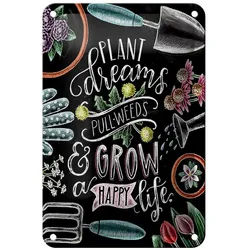 Femer GmbH Metallschild Spruch 12x18 cm Plant dreams pull weeds and grow a happy life, (1 St), gewölbte Oberfläche, abgerundete Ecken, umgeschlagene Kanten
