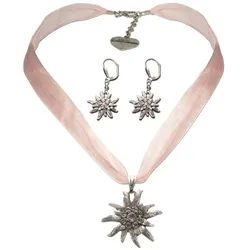 Alpenflüstern Ketten-Set Trachtenschmuck-Set Organza-Trachtenkette und Ohrhänger Strass-Edelweiß (rosa-ros), - Damen-Trachten-Schmuck, Trachtenset Dirndl-Kette und Trachten-Ohrringe