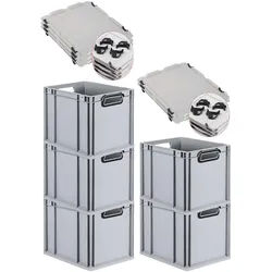PROREGAL SparSet 5x Eurobox NextGen Color mit Auflagedeckel & Verschlüsse, HxBxT 32x30x40cm, 30L, Grau, Griffe schwarz offen, Eurobehälter