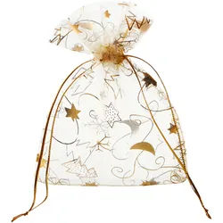 10 Organzasäckchen mit weihnachtlichem Motiv 100 x 130 mm | Weihnachten, gold|beige