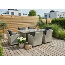 KONIFERA Garten-Essgruppe Amsterdam, (Set, 19-tlg., 6x Sessel, 6x Sitzauflagen, 6x Rückenauflagen, 1x Tisch), bestehend aus 6 Sesseln, 12 Sitz- und Rückenkissen und 1 Tisch grau