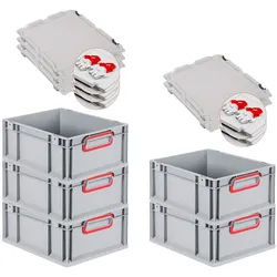 PROREGAL 5x Eurobox NextGen Color mit Scharnierdeckel & Verschlüssen | HxBxT 17x30x40cm | 16 Liter | Griffe rot geschlossen | Glatter Boden