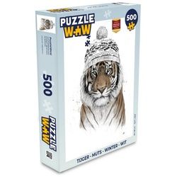 MuchoWow Puzzle Tiger - Mütze - Winter - Weiß, 500 Puzzleteile, Foto-Puzzle, Bilderrätsel, Puzzlespiele, Spielzeug bunt