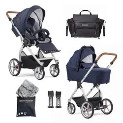 Gesslein Kinderwagenset , Braun, Dunkelblau , Textil , 57x129x100 cm , Made in Germany, EN 1888, UV 50+ , Feststellbremse, Federung, kugelgelagerte Räder, für Babyschale geeignet, Griff in Lederoptik, Reflektorstreifen,5-Punkt-Gurt, Gurtschoner, Schutzbügel abnehmbar, Verdeck abnehmbar, Sichtfenster, Sitz umsetzbar,Matratze, zusammenklappbar, Bezug abnehmbar und waschbar , Baby on Tour, Kinderwagen, Kombikinderwagen