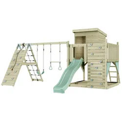 OutdoorToys Spielturm Frida, aus Holz in Mintgrün mit Trapezstange & Rutsche, Kletterwand grün