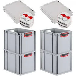 PROREGAL 4x Eurobox NextGen Color mit Scharnierdeckel & Verschlüssen | HxBxT 22x30x40cm | 30 Liter | Griffe rot offen | Glatter Boden