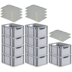 PROREGAL SparSet 10x Eurobox NextGen Grip mit Auflagedeckel & 4 gelben Verschlüssen, HxBxT 22x30x40cm, 20L, Grau, Griffe offen, Eurobehälter
