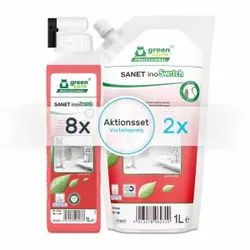 TANA green care Aktionsset SANET inoSwitch Sanitärreiniger, Ultrakonzentrierter Badreiniger für die tägliche Anwendung, 1 Set = 8 Dosierflaschen + 2 Gratis Nachfüllbeutel