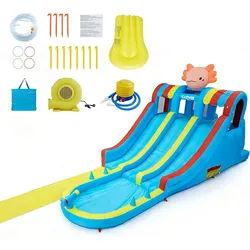 GarveeMore Hüpfburg Mit Wasserrutsche,Hüpfburg Outdoor Hüpfburg Mit Gebläse, Aufblasbare Wasserrutsche mit Kletterwand & Wasserkanonen,für Outdoor blau