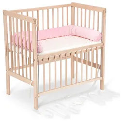 FabiMax Beistellbett Flex Natur, Buche massiv, 90 x 55 cm Liegefläche, 2in1, Beistellbett und Stubenbettchen in Einem, innovatives Seitenteil rosa