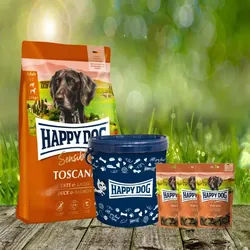 Happy Dog Supreme Toscana 4 kg + 3 x 100 g. Happy Dog Soft Snack Toscana + Futtertonne 20 Liter